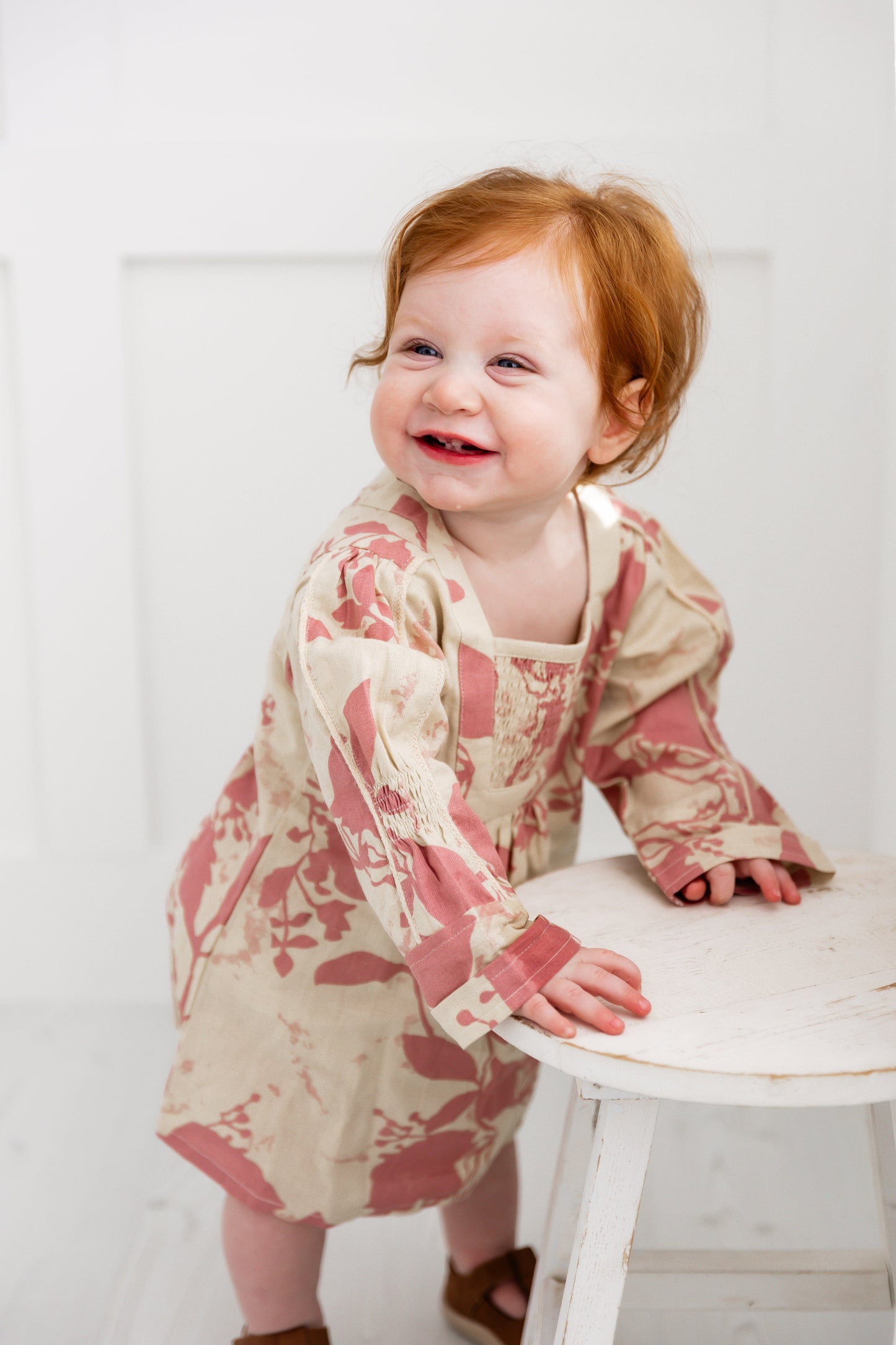 Dark Pink Floral Printed Long Sleeves Gathered Dress DRESS Yo Baby India