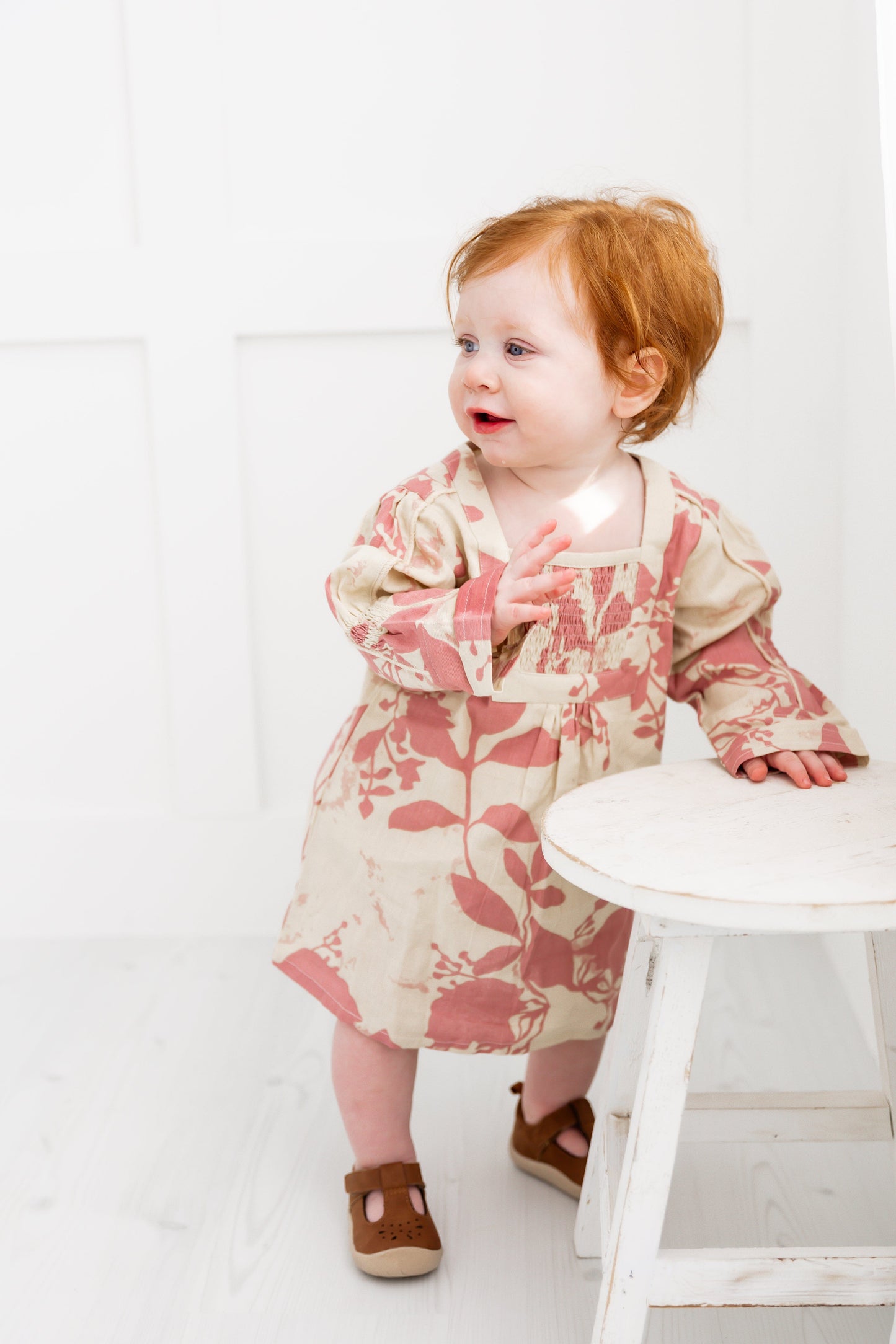 Dark Pink Floral Printed Long Sleeves Gathered Dress DRESS Yo Baby India