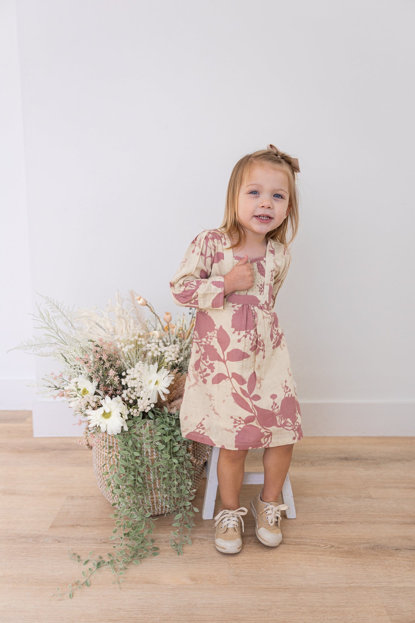Dark Pink Floral Printed Long Sleeves Gathered Dress DRESS Yo Baby India