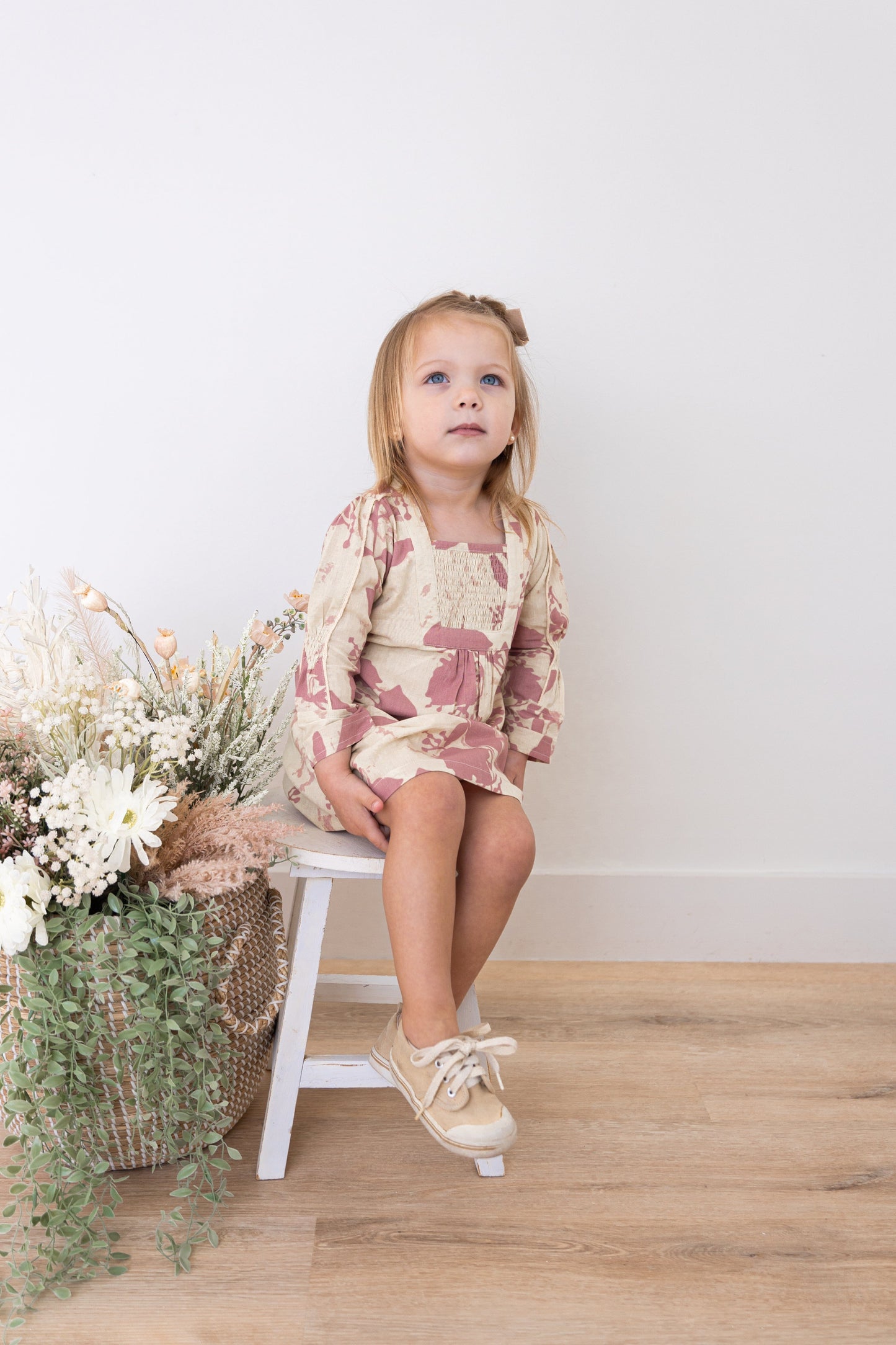 Dark Pink Floral Printed Long Sleeves Gathered Dress DRESS Yo Baby India