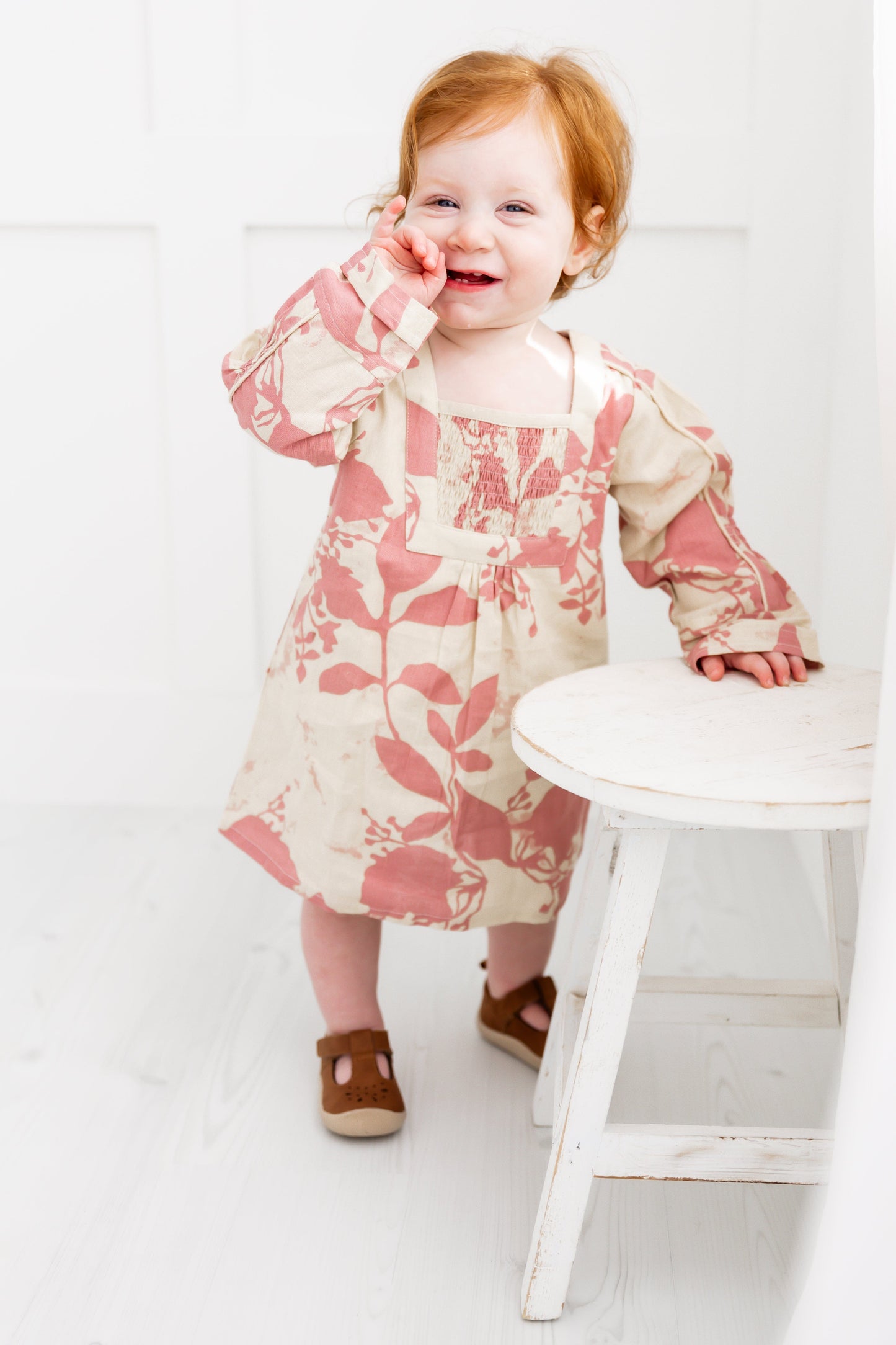 Dark Pink Floral Printed Long Sleeves Gathered Dress DRESS Yo Baby India
