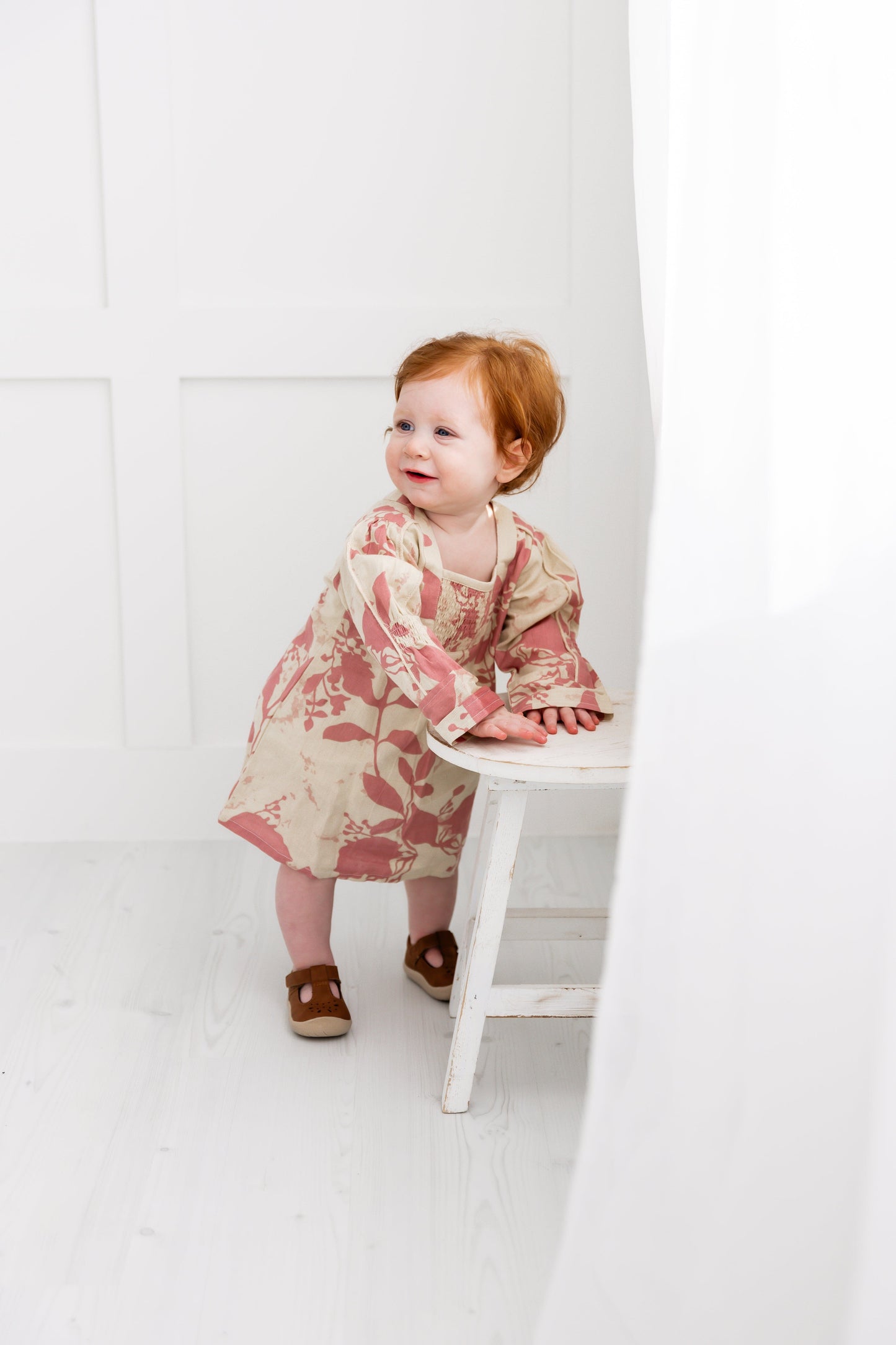 Dark Pink Floral Printed Long Sleeves Gathered Dress DRESS Yo Baby India