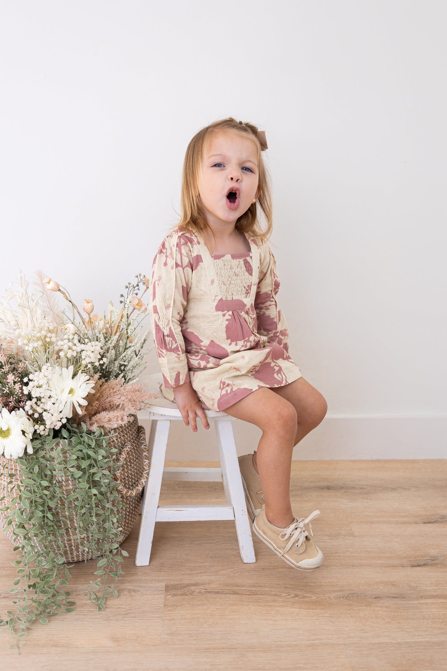 Dark Pink Floral Printed Long Sleeves Gathered Dress DRESS Yo Baby India