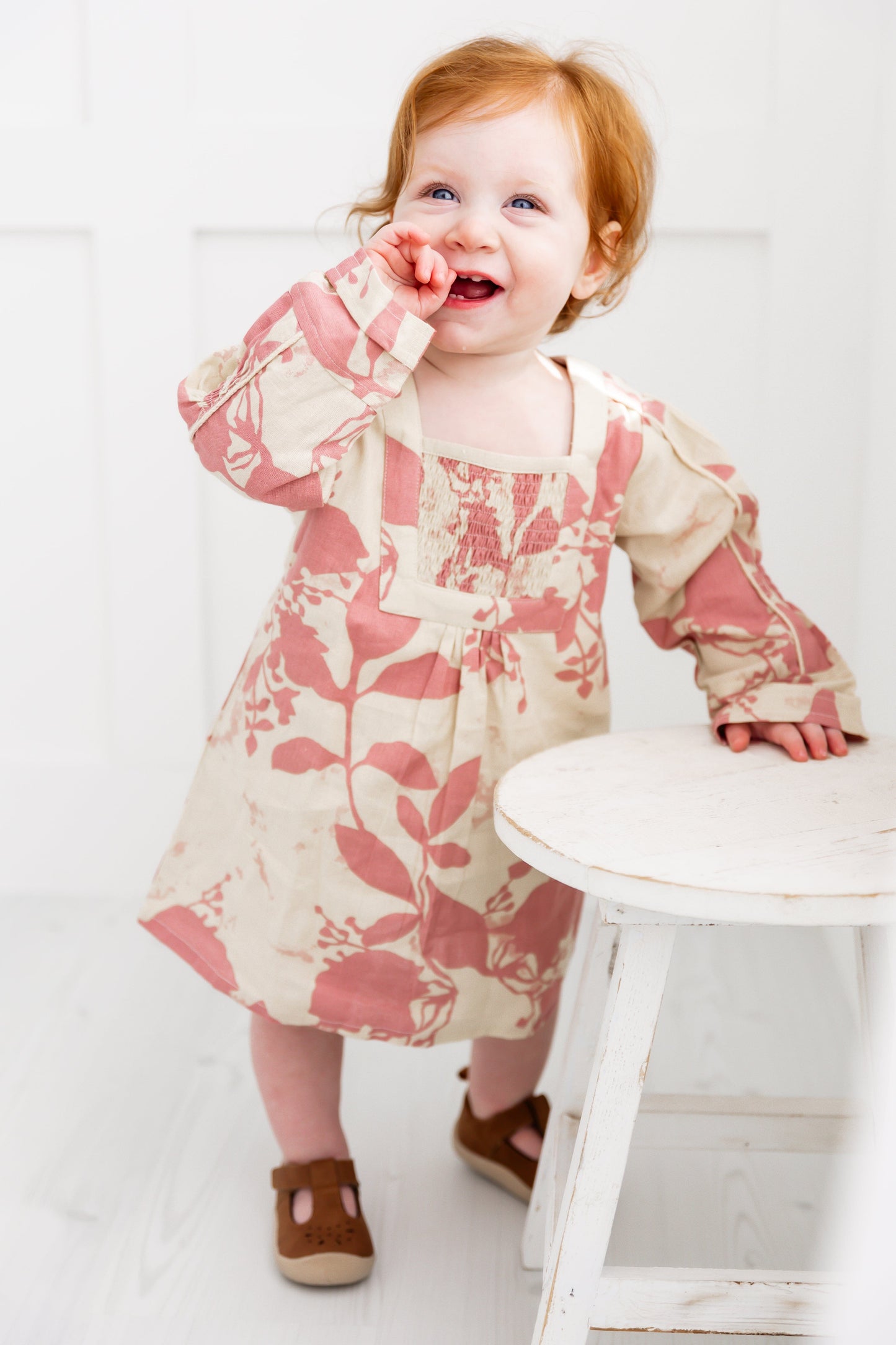 Dark Pink Floral Printed Long Sleeves Gathered Dress DRESS Yo Baby India