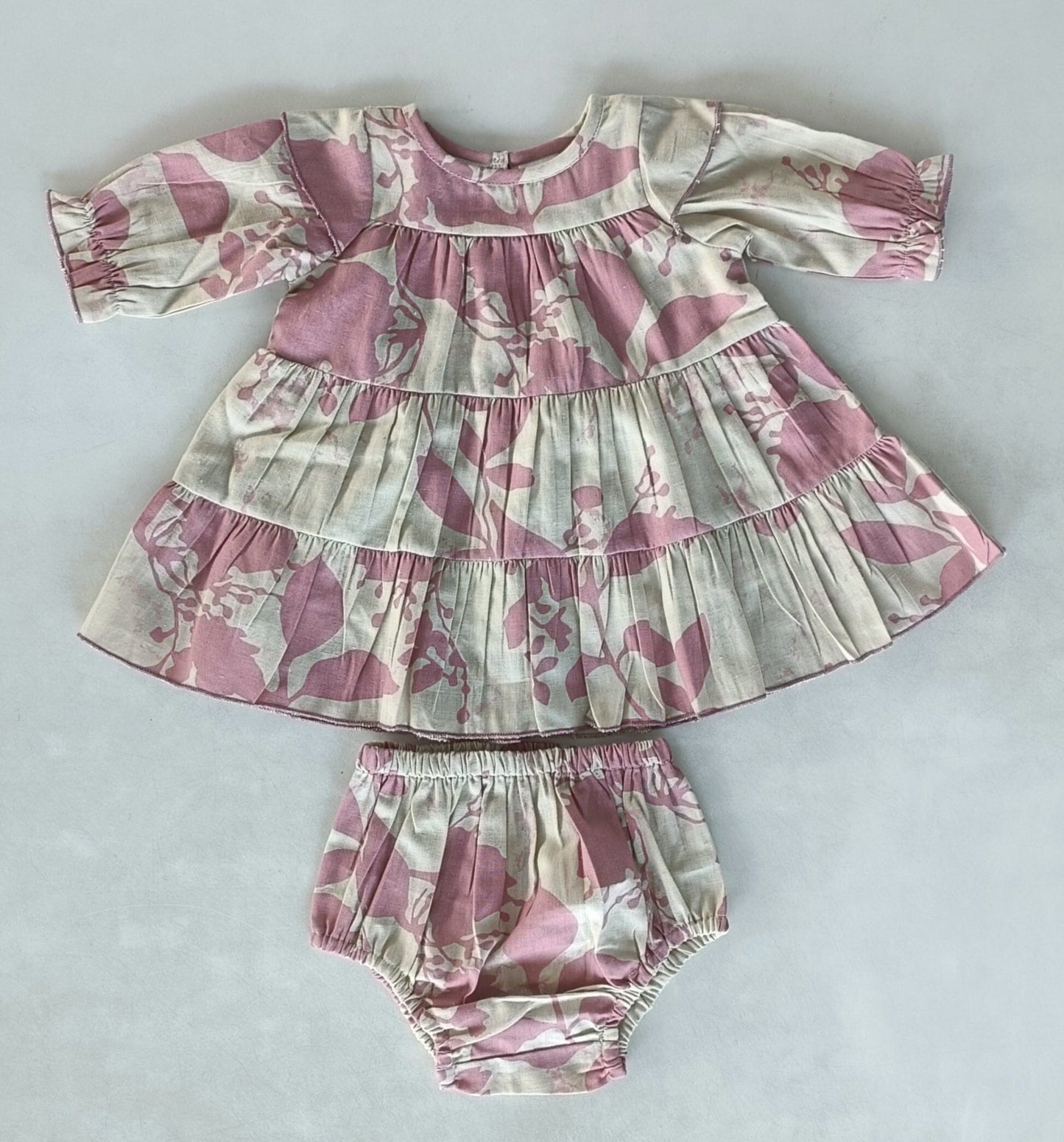 Dark Pink Leaf Printed Tiered Long Sleeve Dress Dress Yo Baby India