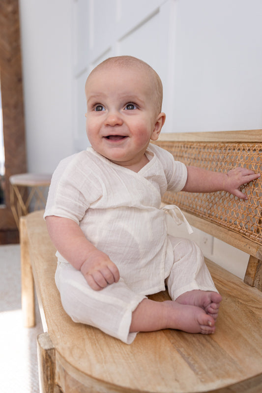 Double Gauze Off-White Solid Top & Pant Set Yo Baby India