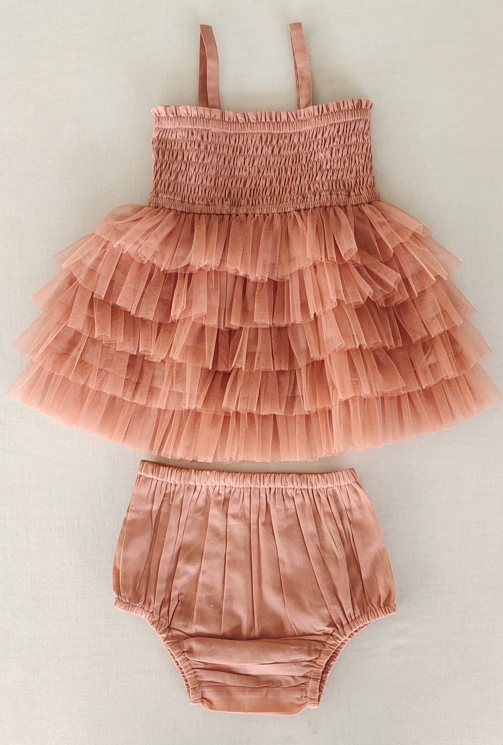 Dusty Pink Tiered Tulle Dress with Nylon Net Frills and Adjustable Straps dress & diaper cover Yo Baby India