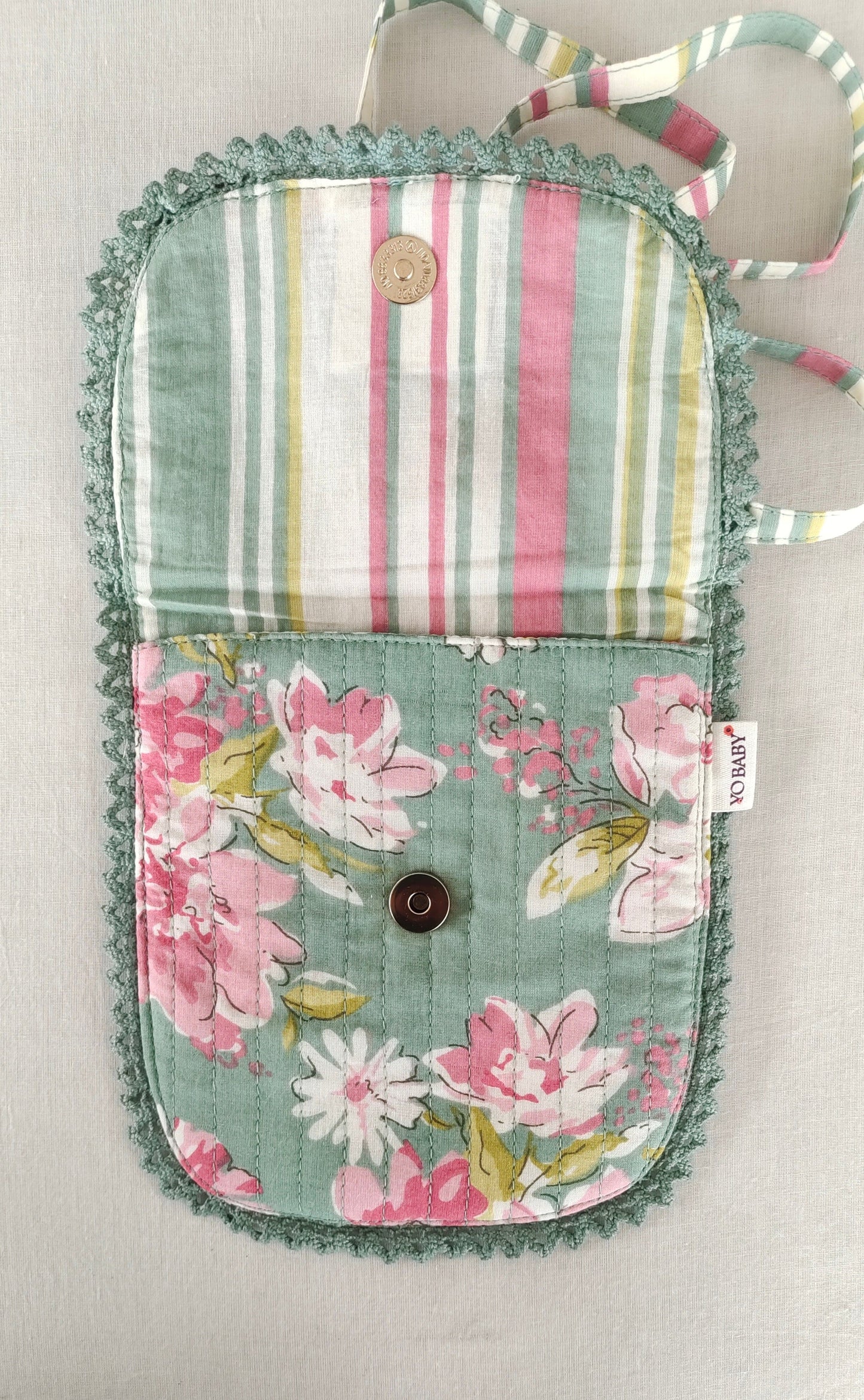 Green Floral & Stripe Kids' Small Tote Bag with Magnetic Closure and Lace Detailing PURSE Yo Baby India