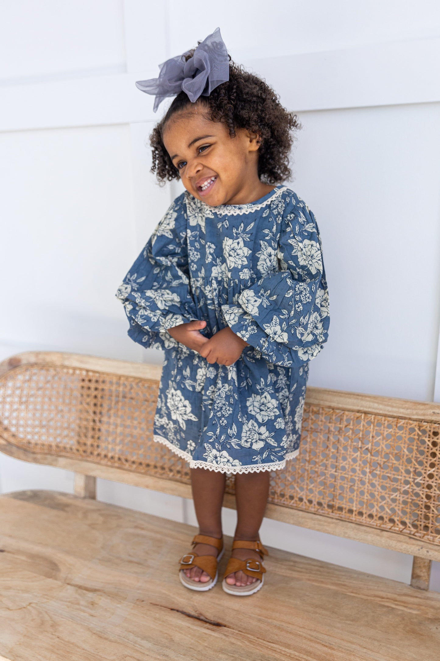 Grey Floral Printed Neck & Bottom Lace Long Sleeves Gathered Dress DRESS Yo Baby India