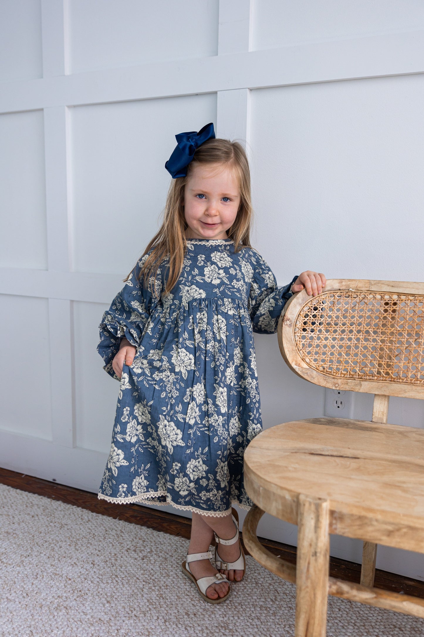 Grey Floral Printed Neck & Bottom Lace Long Sleeves Gathered Dress DRESS Yo Baby India