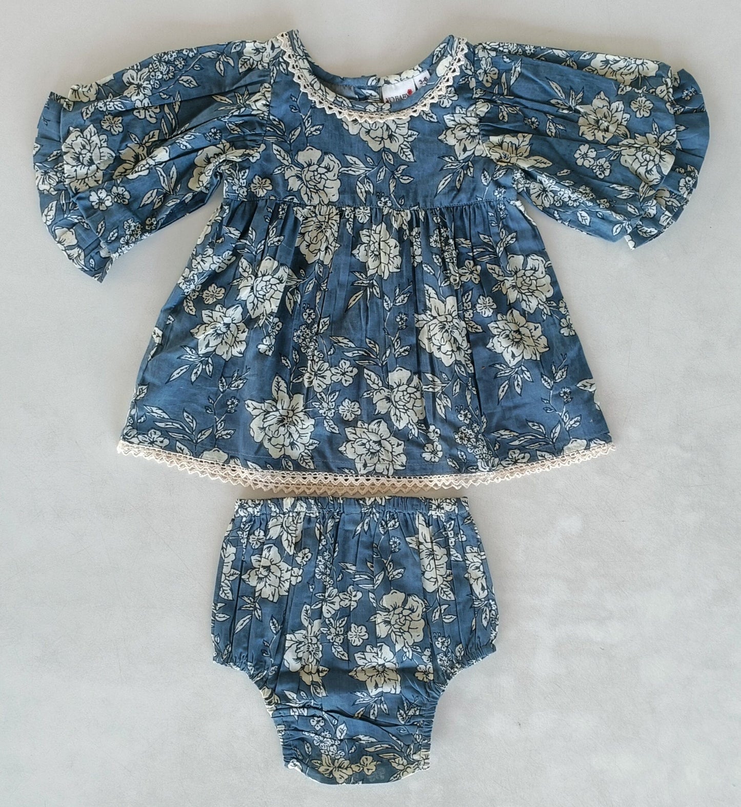 Grey Floral Printed Neck & Bottom Lace Long Sleeves Gathered Dress DRESS Yo Baby India