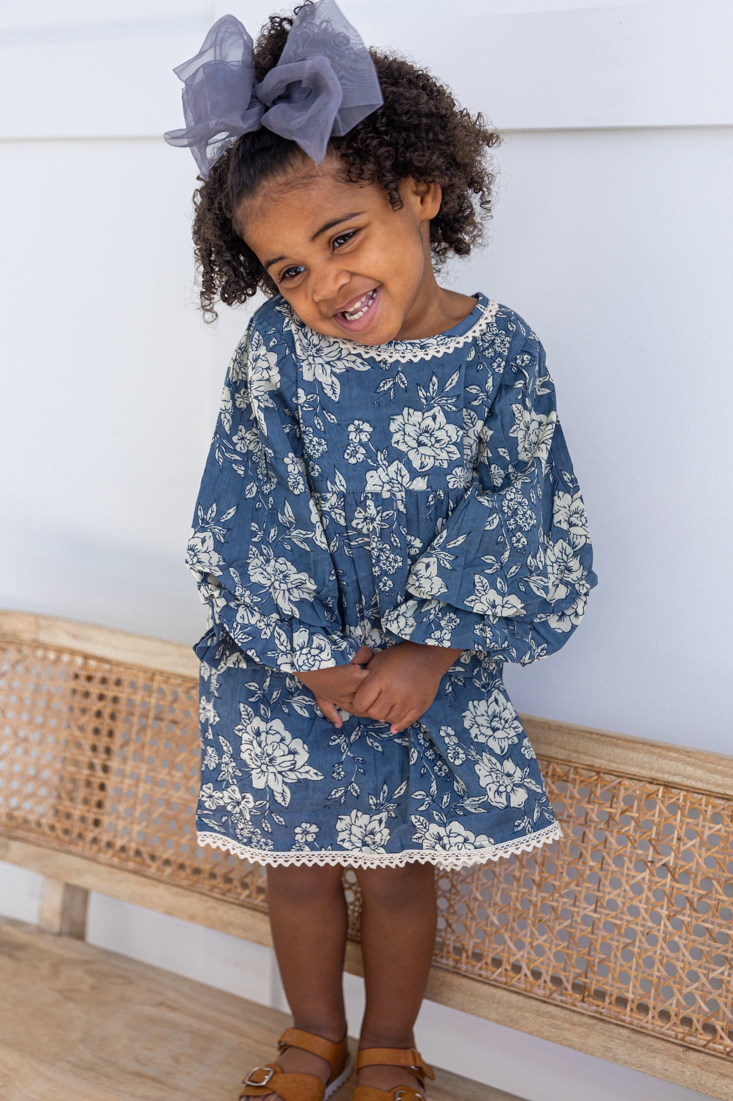 Grey Floral Printed Neck & Bottom Lace Long Sleeves Gathered Dress DRESS Yo Baby India