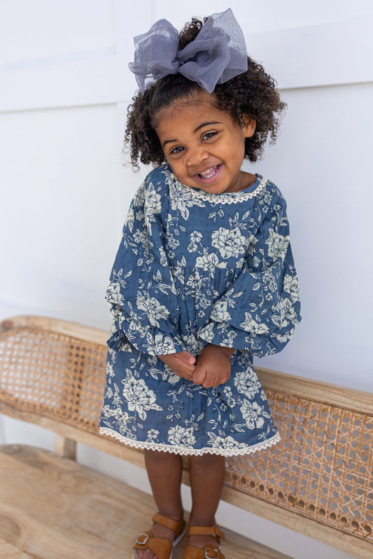 Grey Floral Printed Neck & Bottom Lace Long Sleeves Gathered Dress DRESS Yo Baby India