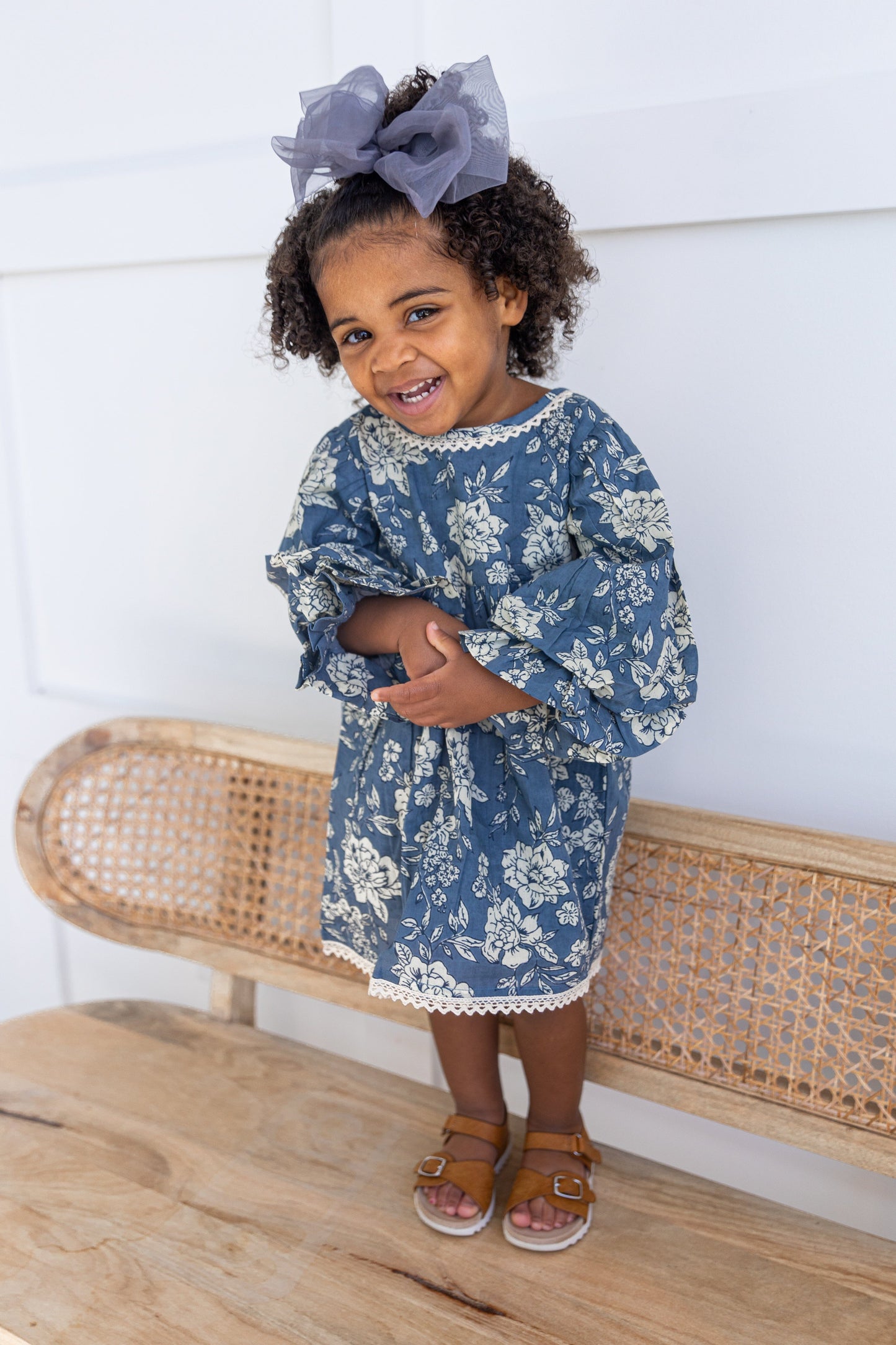 Grey Floral Printed Neck & Bottom Lace Long Sleeves Gathered Dress DRESS Yo Baby India