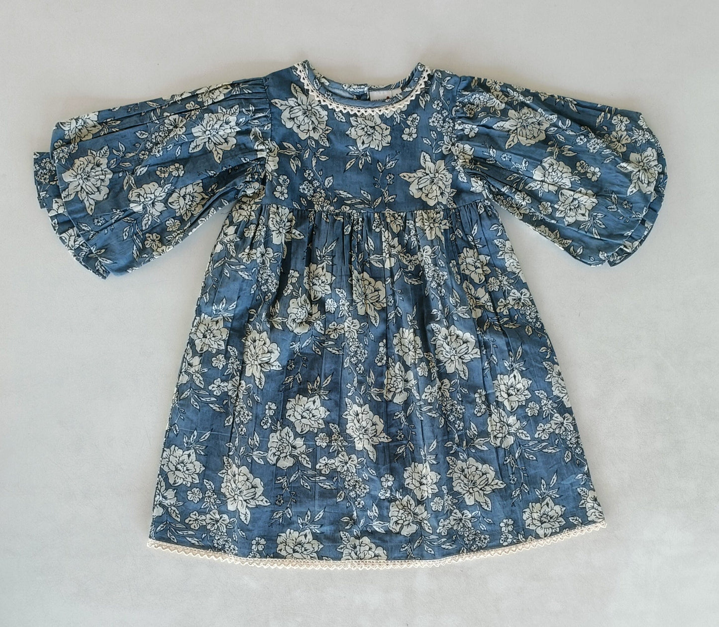 Grey Floral Printed Neck & Bottom Lace Long Sleeves Gathered Dress DRESS Yo Baby India