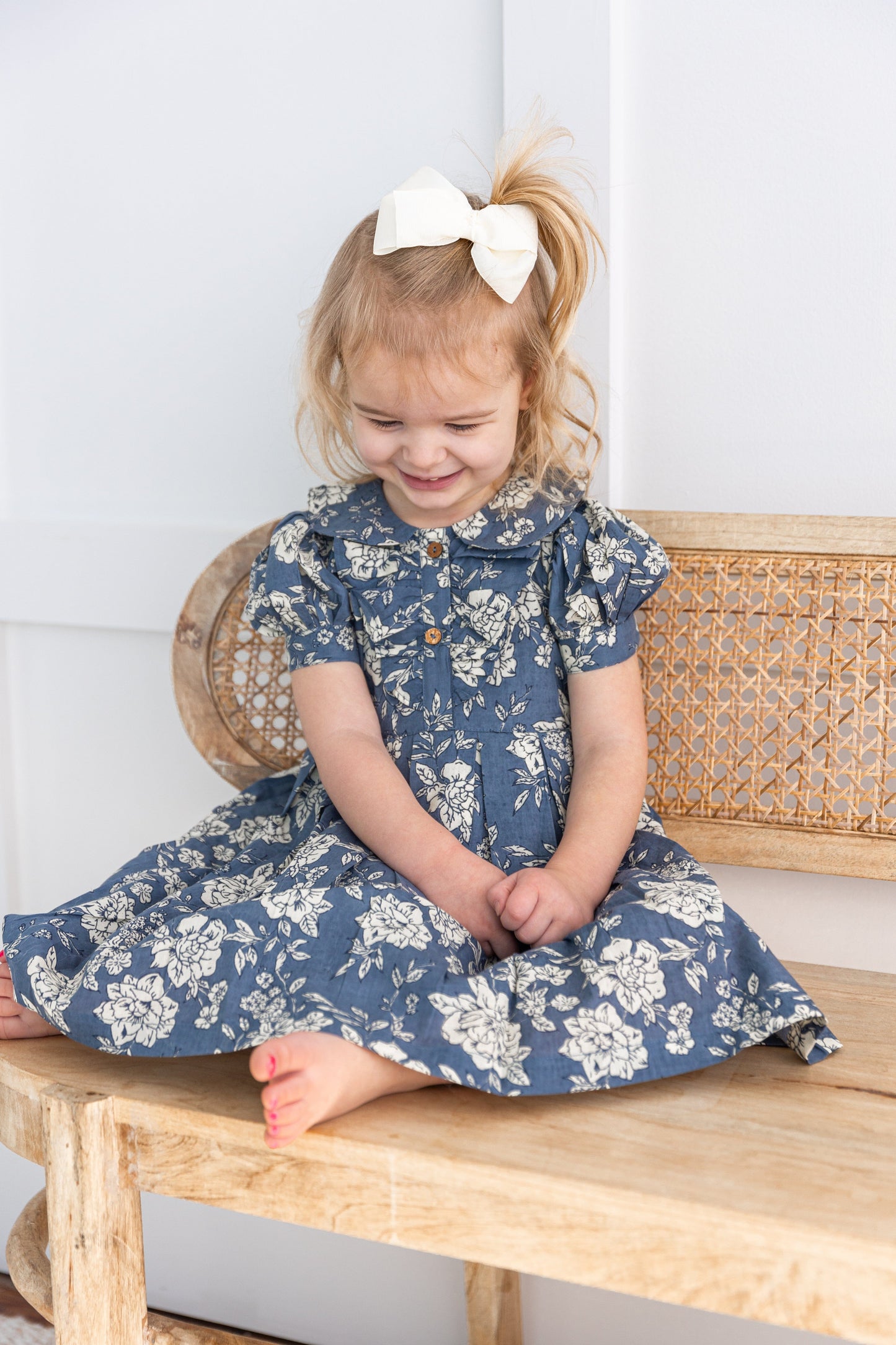 Grey Floral Printed Puff Sleeves Gathered Dress dress & diaper cover DRESS Yo Baby India