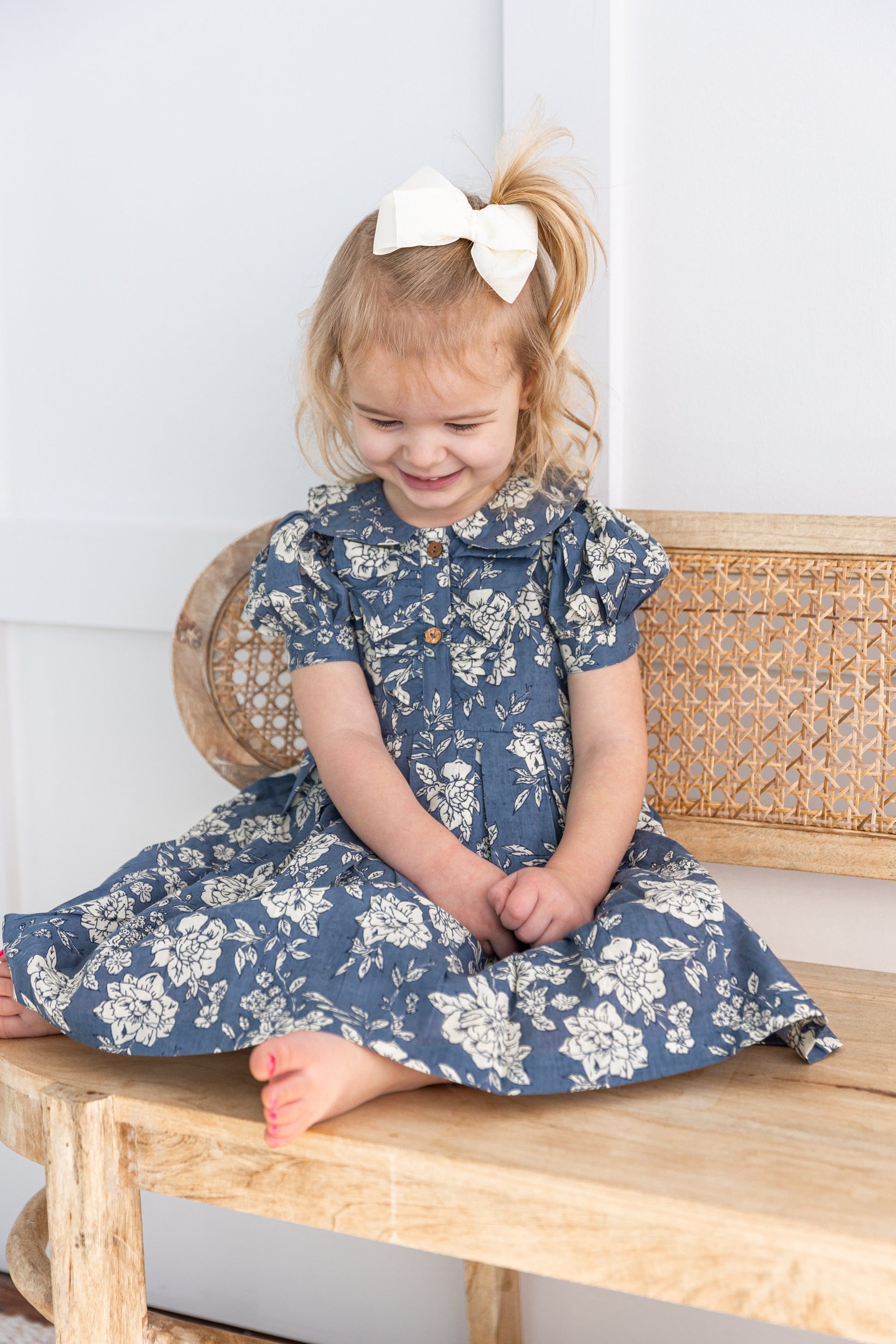 Grey Floral Printed Puff Sleeves Gathered Dress dress & diaper cover DRESS Yo Baby India