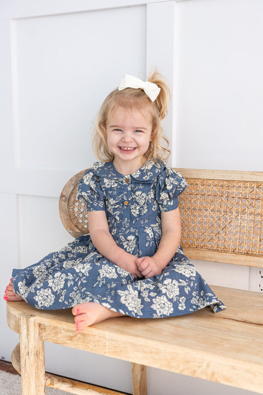 Grey Floral Printed Puff Sleeves Gathered Dress dress & diaper cover DRESS Yo Baby India