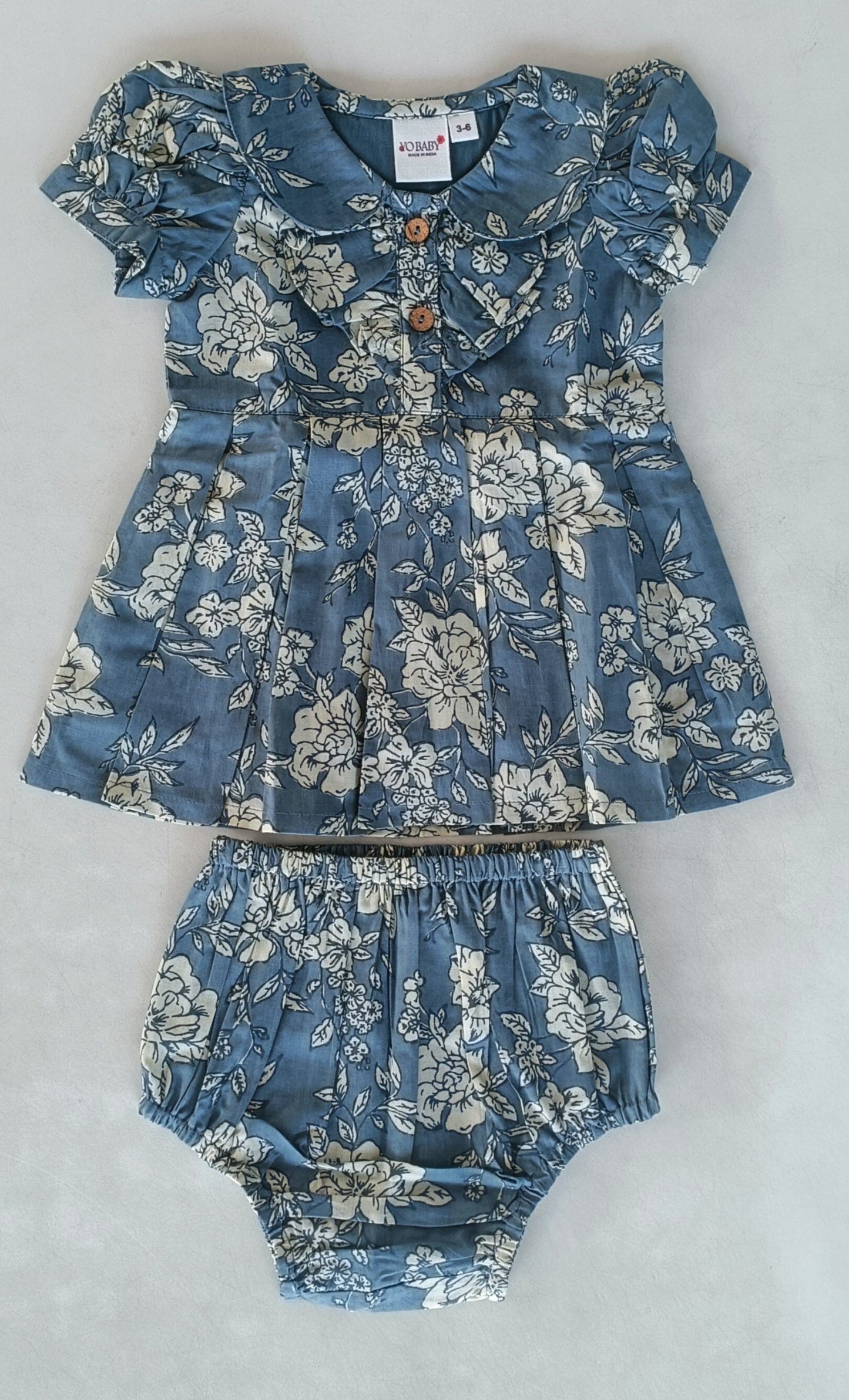 Grey Floral Printed Puff Sleeves Gathered Dress dress & diaper cover DRESS Yo Baby India