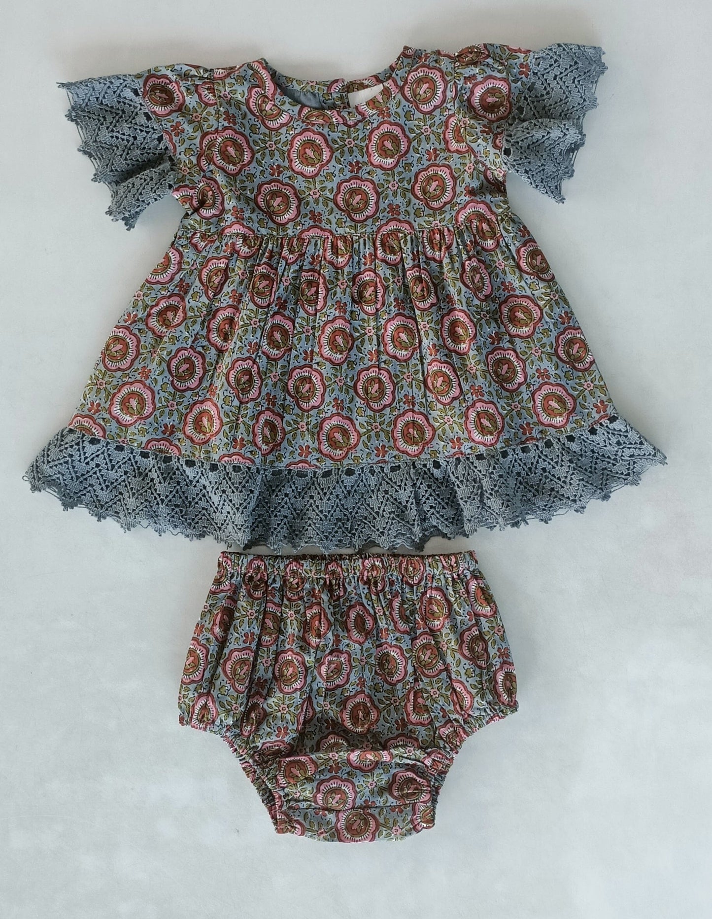Grey Floral Printed Short Sleeves Gathered Dress DRESS Yo Baby India