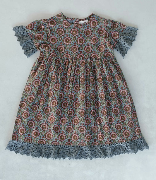 Grey Floral Printed Short Sleeves Gathered Dress DRESS Yo Baby India