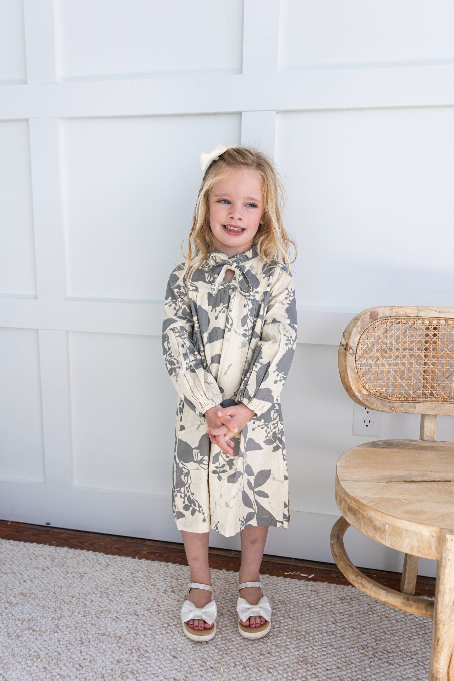 Grey Leaf Printed Gathered Long Sleeve Dress DRESS Yo Baby India