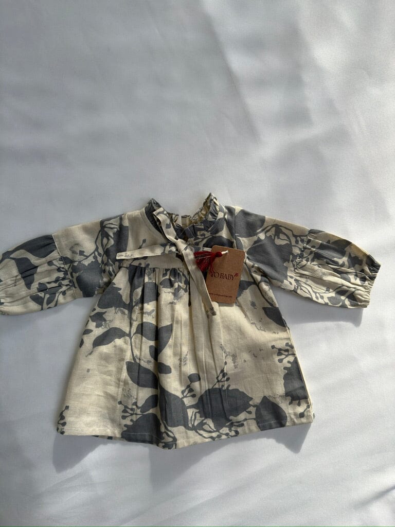 Grey Leaf Printed Gathered Long Sleeve Dress DRESS Yo Baby India