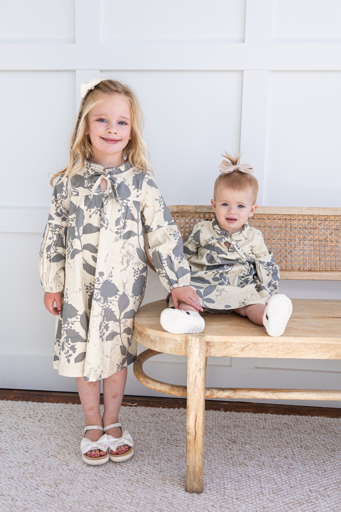 Grey Leaf Printed Gathered Long Sleeve Dress DRESS Yo Baby India