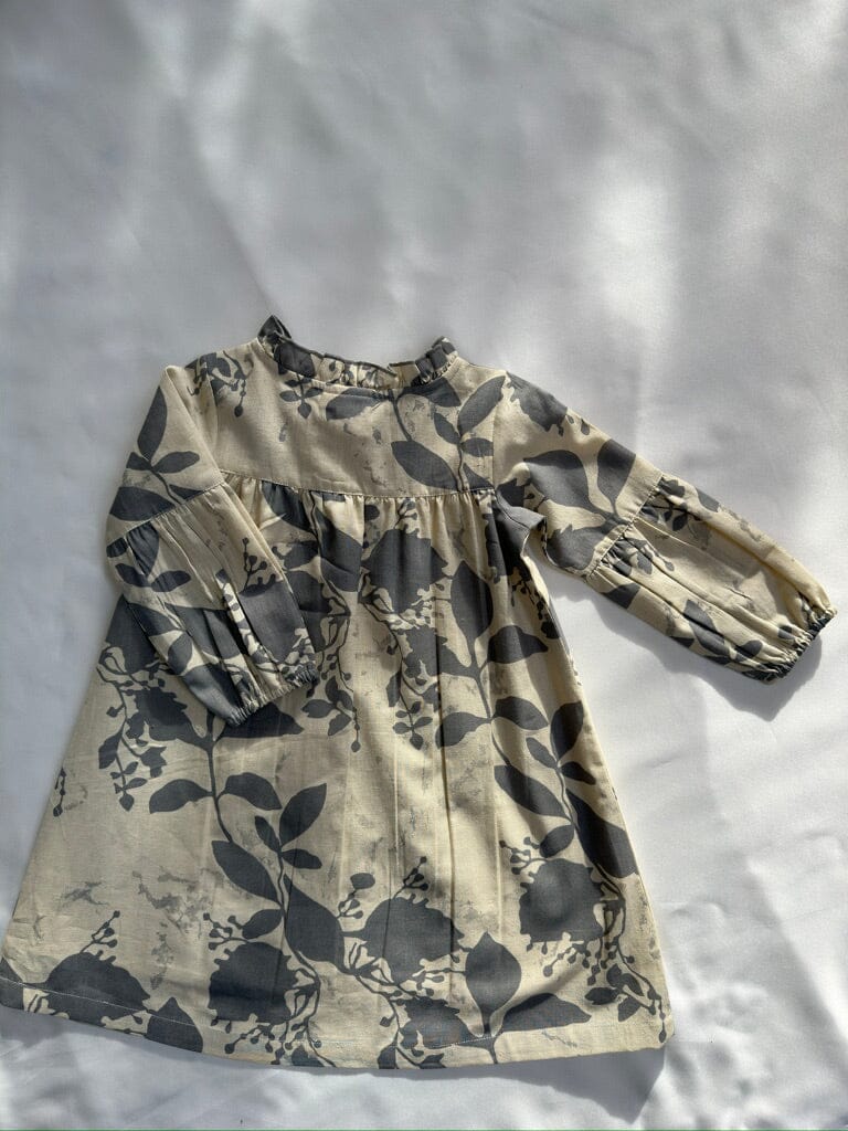 Grey Leaf Printed Gathered Long Sleeve Dress DRESS Yo Baby India