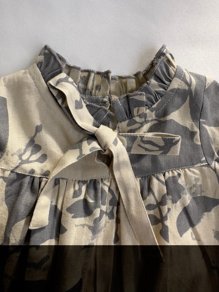 Grey Leaf Printed Gathered Long Sleeve Dress DRESS Yo Baby India