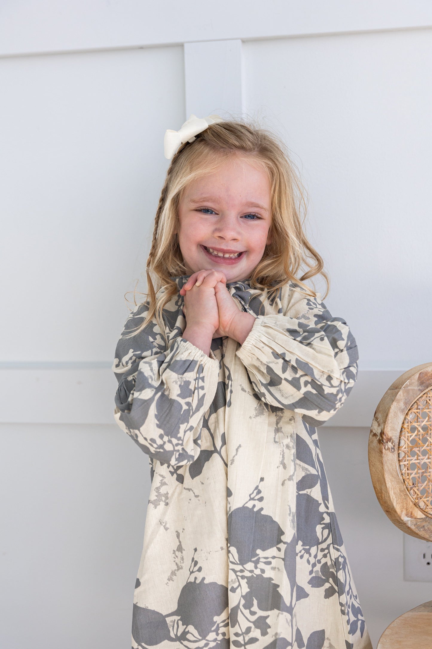 Grey Leaf Printed Gathered Long Sleeve Dress DRESS Yo Baby India