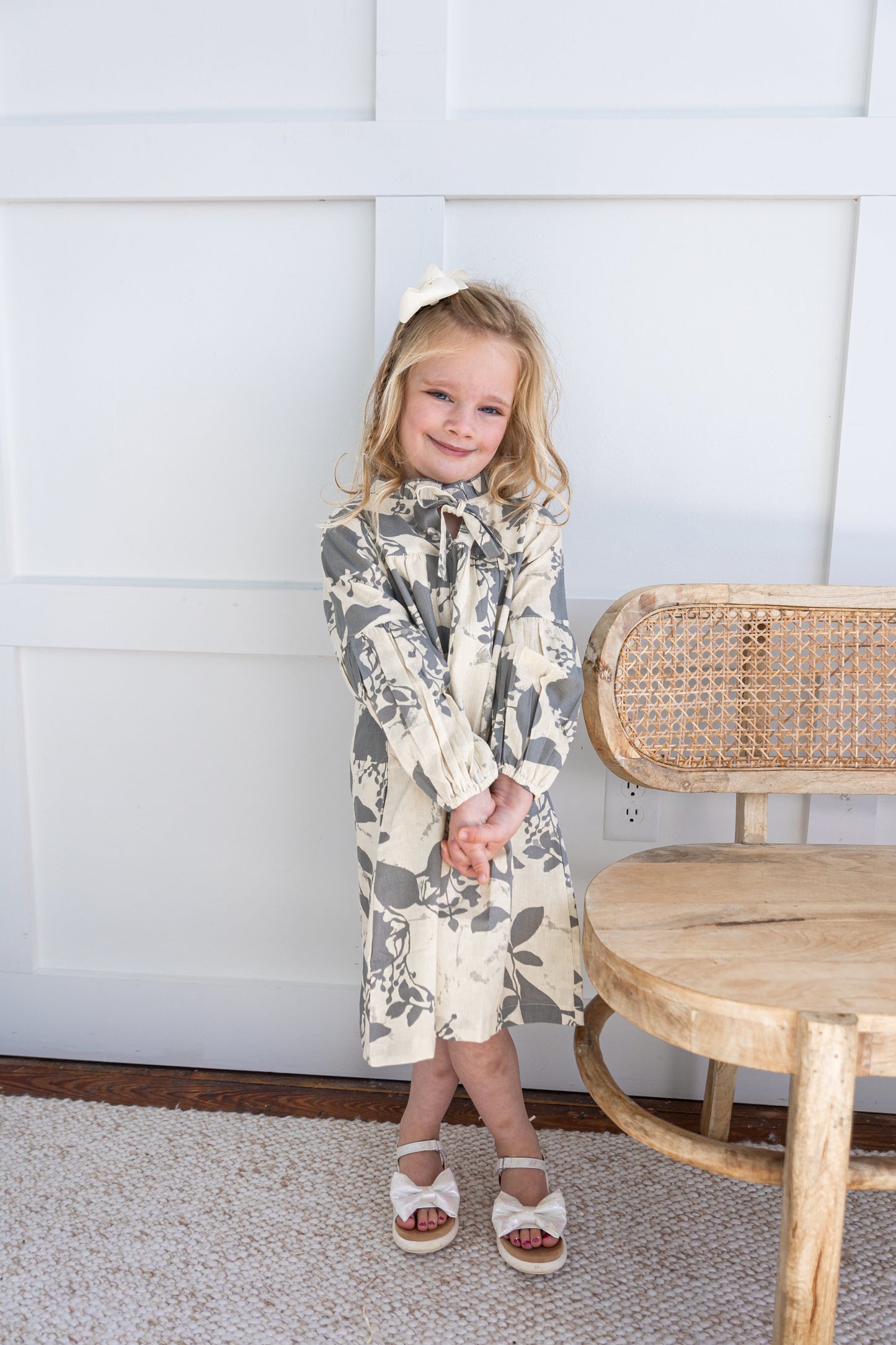 Grey Leaf Printed Gathered Long Sleeve Dress DRESS Yo Baby India