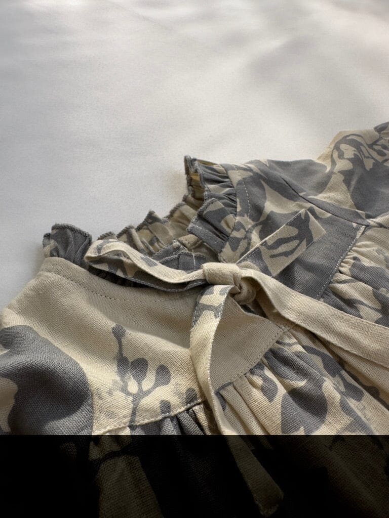 Grey Leaf Printed Gathered Long Sleeve Dress DRESS Yo Baby India