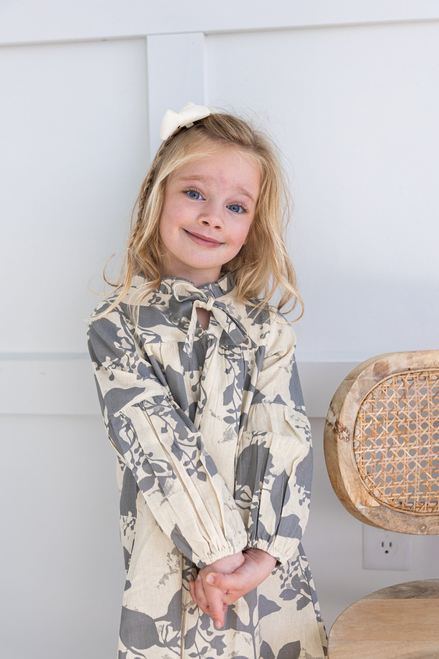 Grey Leaf Printed Gathered Long Sleeve Dress DRESS Yo Baby India