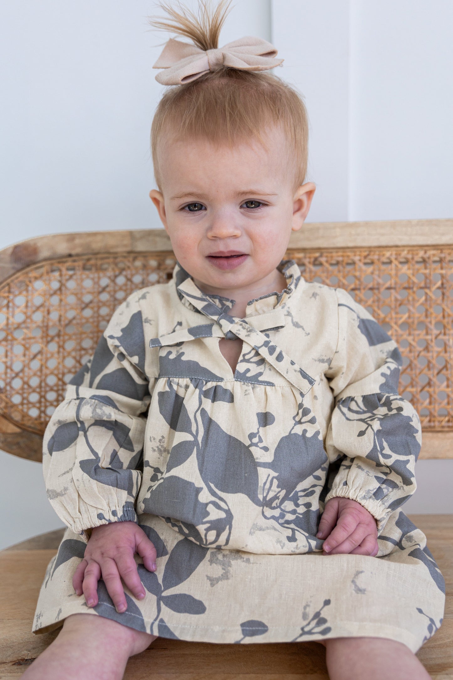 Grey Leaf Printed Gathered Long Sleeve Dress DRESS Yo Baby India