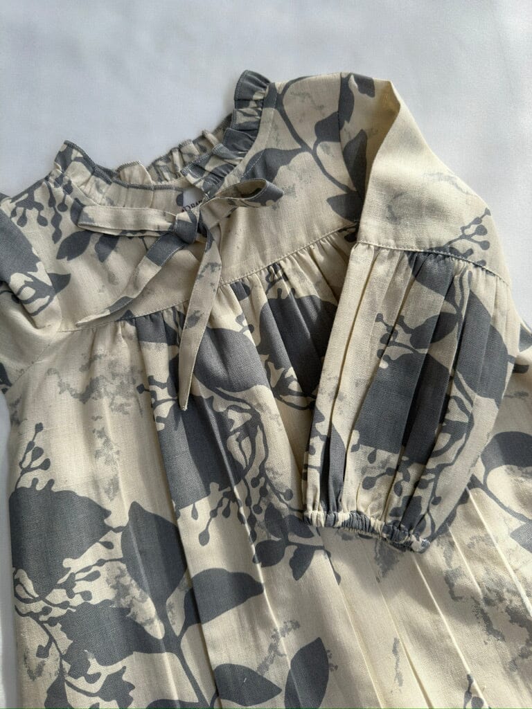 Grey Leaf Printed Gathered Long Sleeve Dress DRESS Yo Baby India
