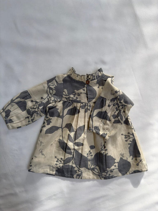 Grey Leaf Printed Gathered Long Sleeve Dress DRESS Yo Baby India