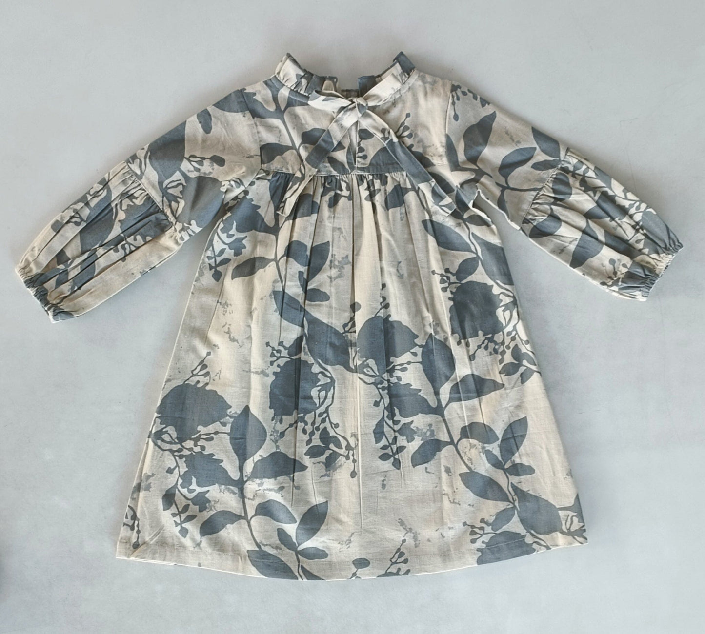 Grey Leaf Printed Gathered Long Sleeve Dress DRESS Yo Baby India