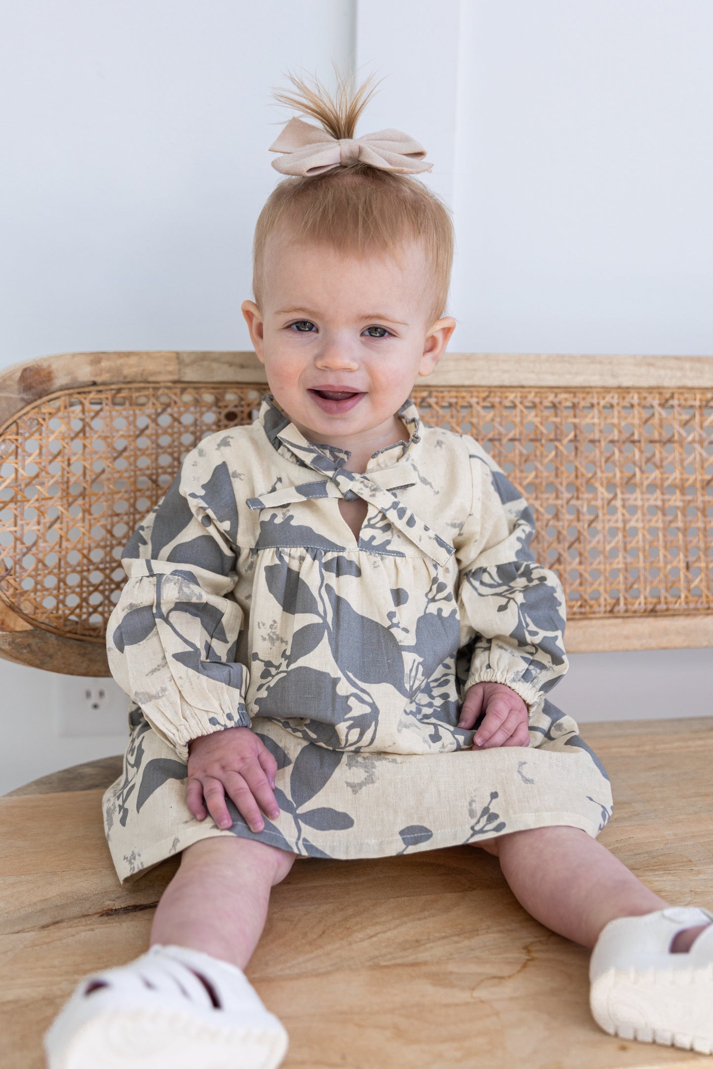 Grey Leaf Printed Gathered Long Sleeve Dress DRESS Yo Baby India