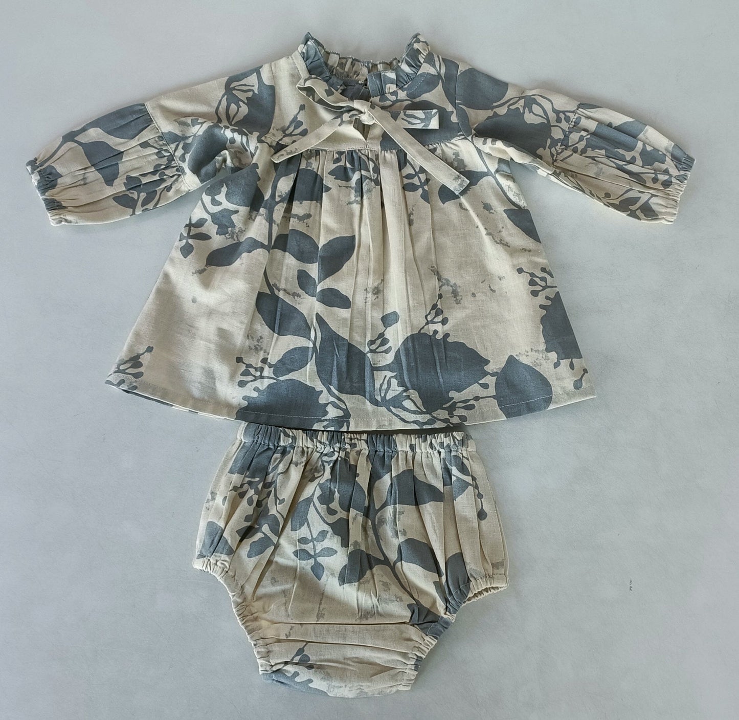 Grey Leaf Printed Gathered Long Sleeve Dress DRESS Yo Baby India