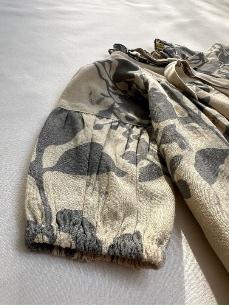 Grey Leaf Printed Gathered Long Sleeve Dress DRESS Yo Baby India