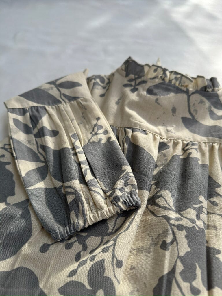 Grey Leaf Printed Gathered Long Sleeve Dress DRESS Yo Baby India