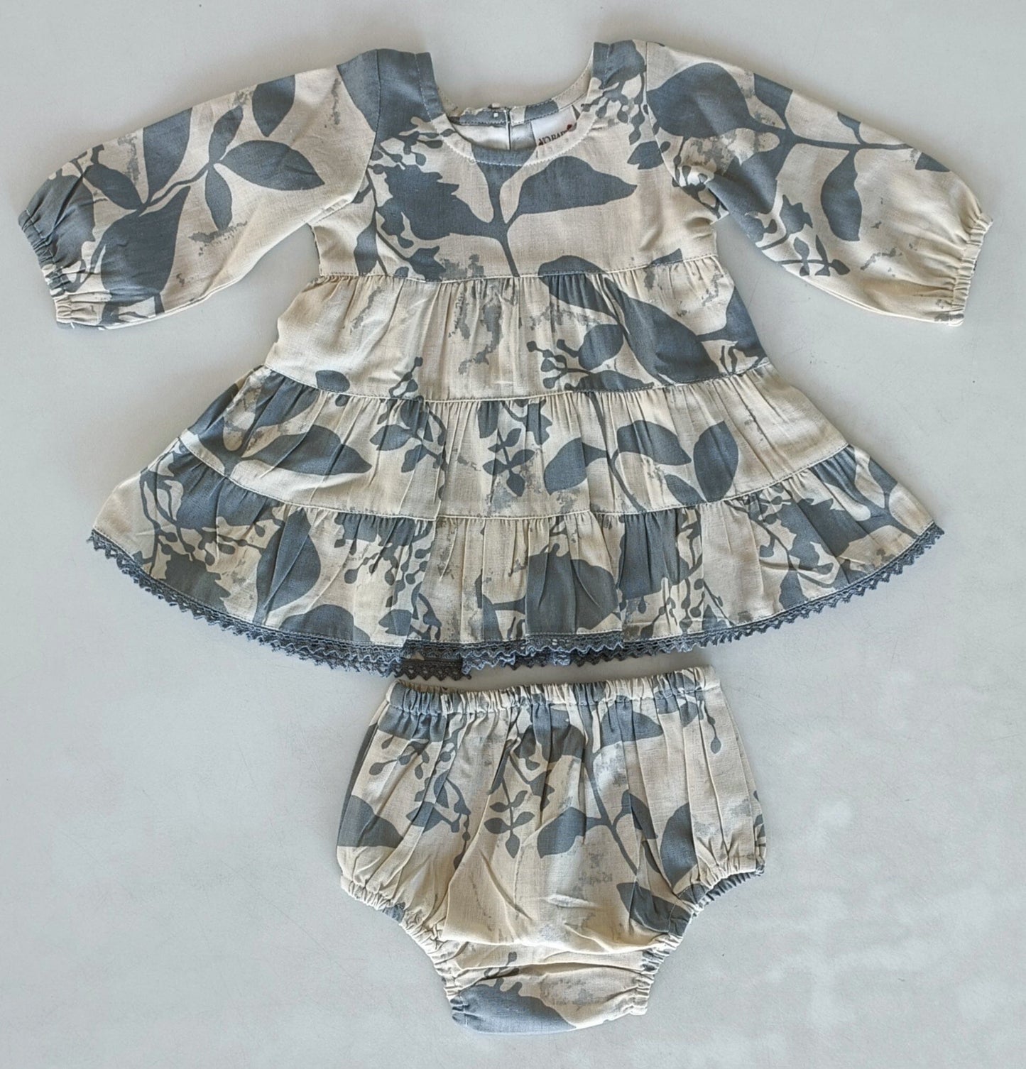 Grey Leaf Printed Tiered Long Sleeve Dress DRESS Yo Baby India