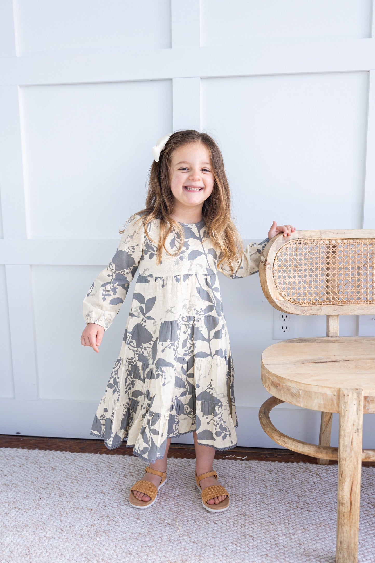 Grey Leaf Printed Tiered Long Sleeve Dress DRESS Yo Baby India