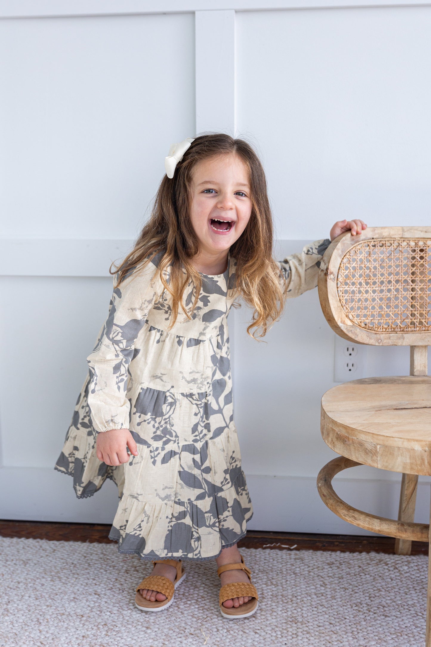 Grey Leaf Printed Tiered Long Sleeve Dress DRESS Yo Baby India