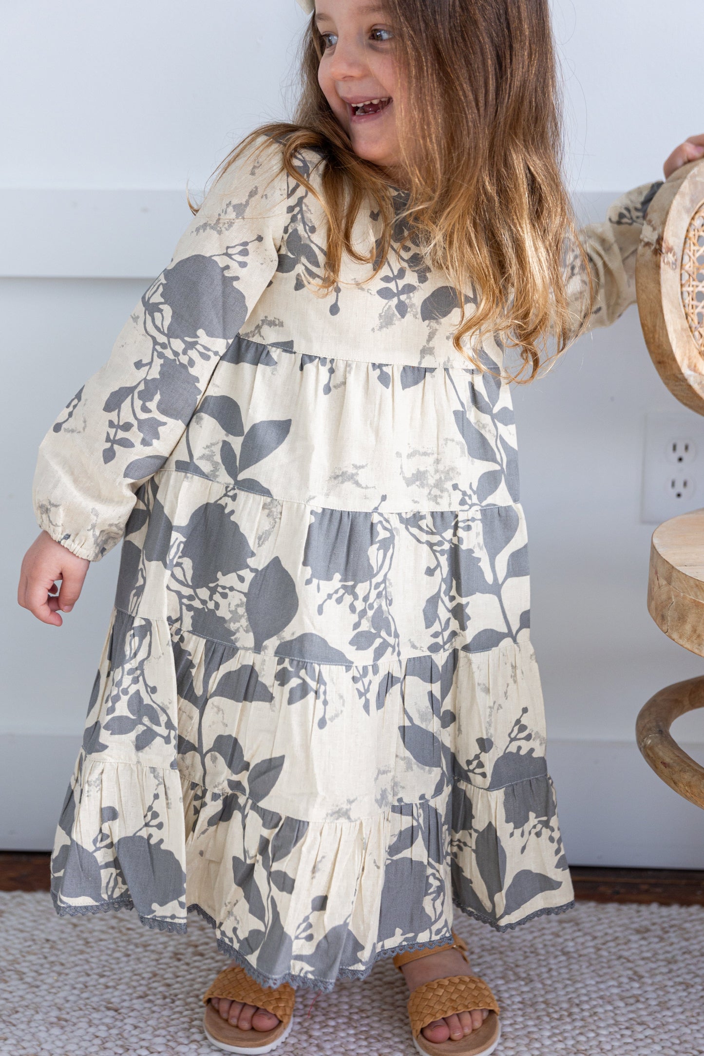 Grey Leaf Printed Tiered Long Sleeve Dress DRESS Yo Baby India