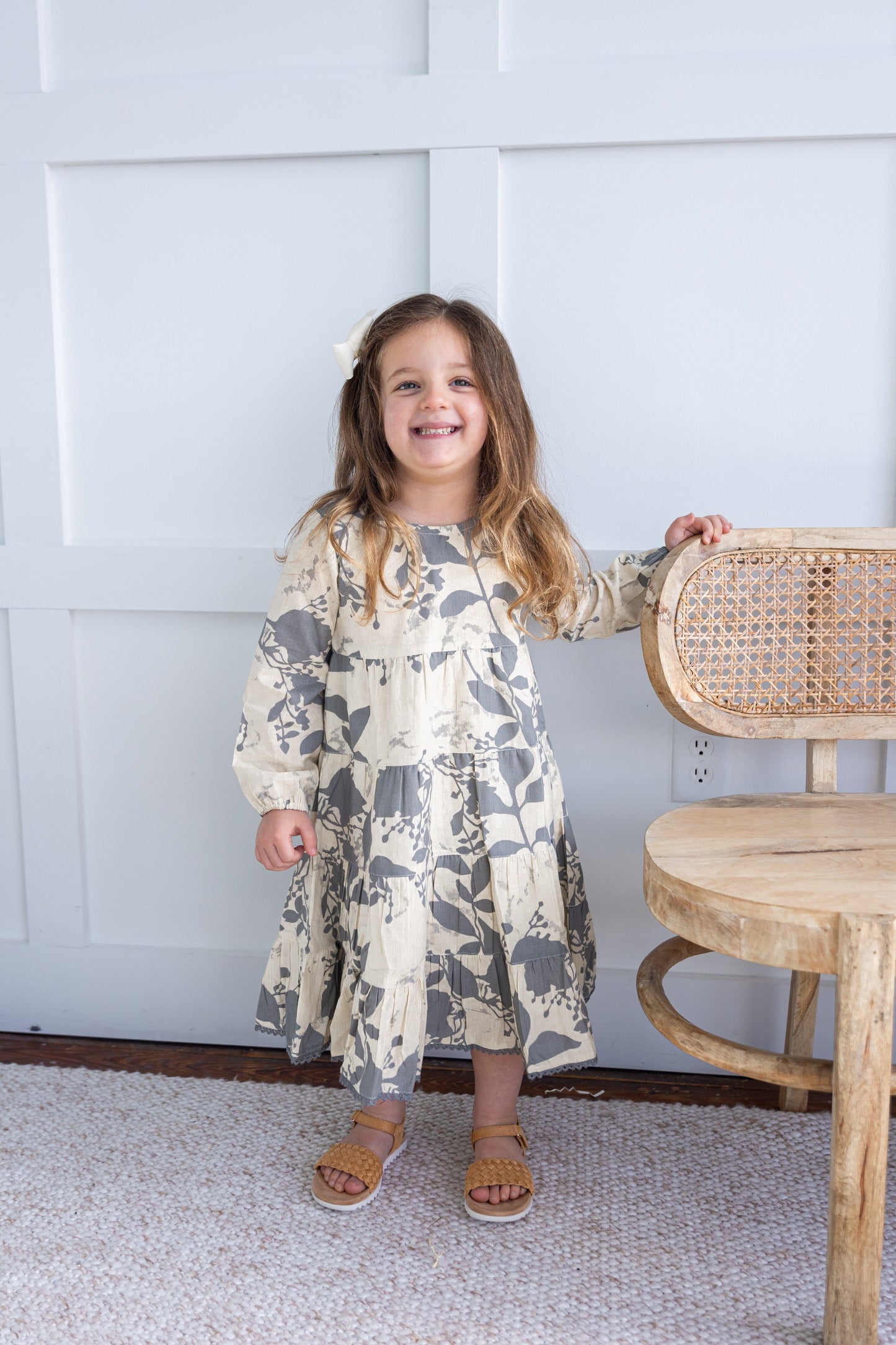 Grey Leaf Printed Tiered Long Sleeve Dress DRESS Yo Baby India