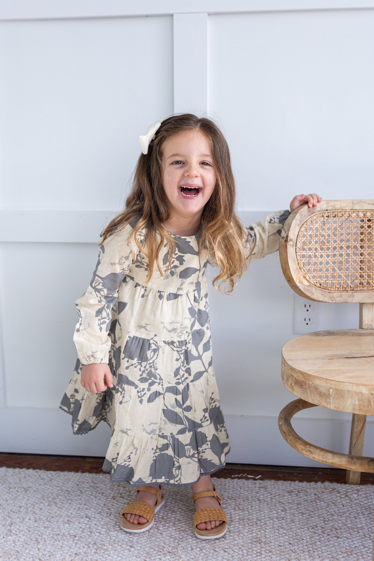 Grey Leaf Printed Tiered Long Sleeve Dress DRESS Yo Baby India