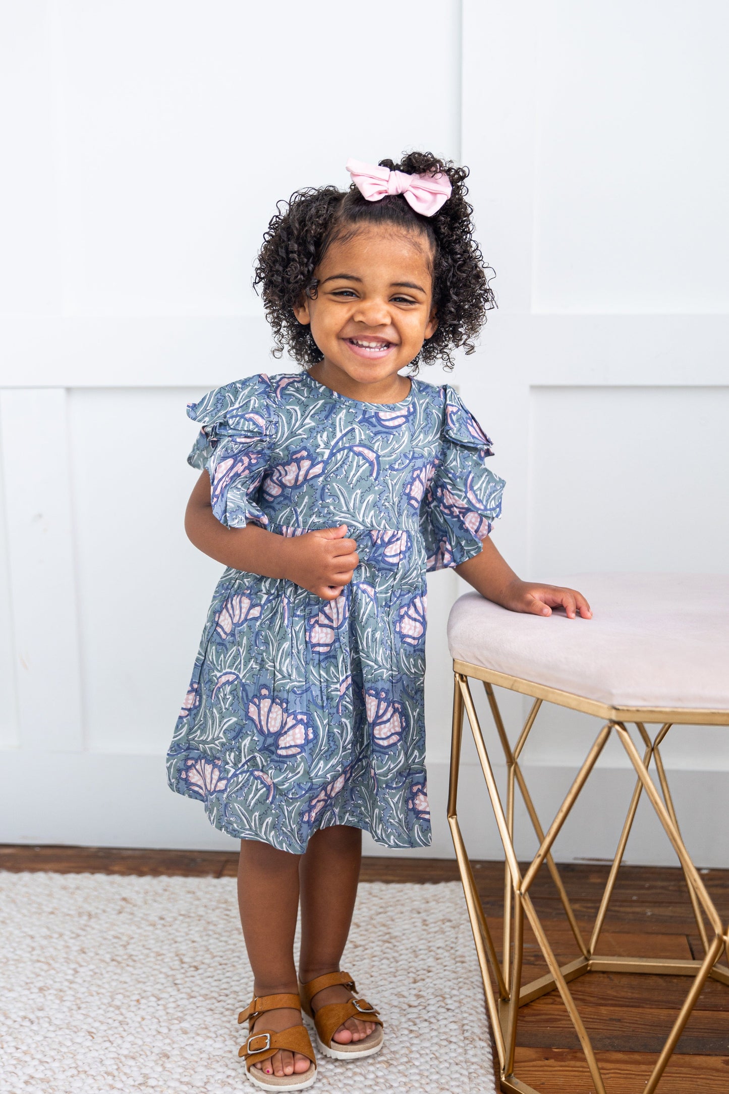 Grey Printed Sleeve Ruffled Gathered Dress Yo Baby India