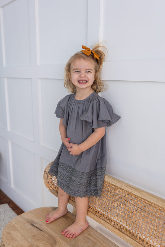 Grey Solid Color Sleeve & Neck Gathered Dress dress & diaper cover DRESS Yo Baby India